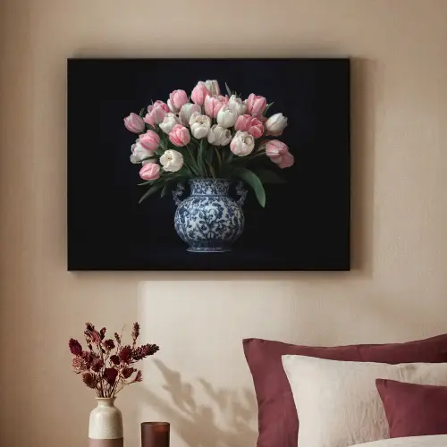 Bloemen - Roze - Tulpen - Vaas Textielframe zwart klein -sfeer1
