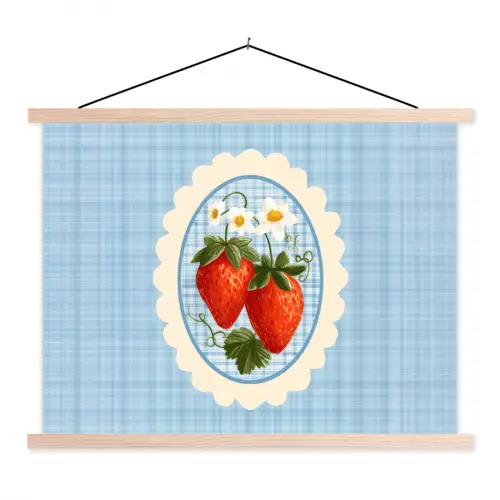 Aardbeien - Lijst - Rood - Geruit textielposter latten blank klein -3d