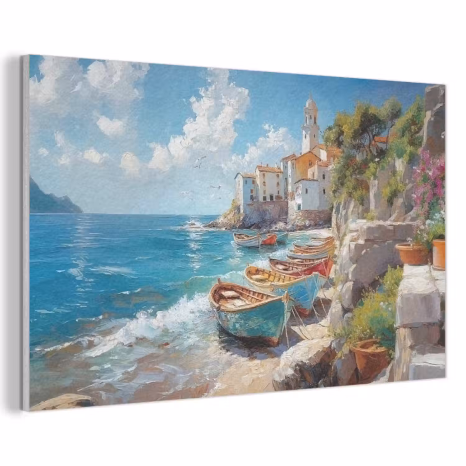Akoestisch schilderij - Boten - Rotsen - Zee - Zon