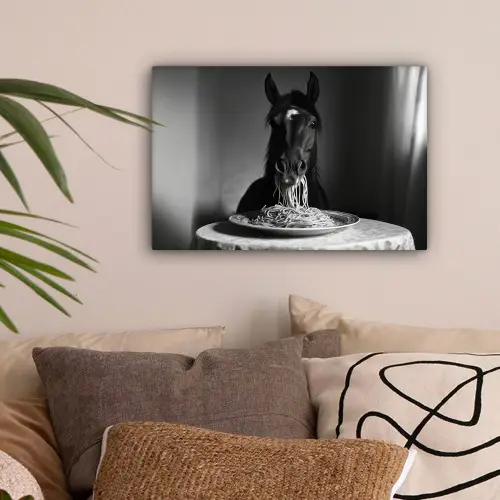 Paard - Bord - Pasta - Tafelkleed - Zwart Wit - Dieren canvas 2cm klein -sfeer1