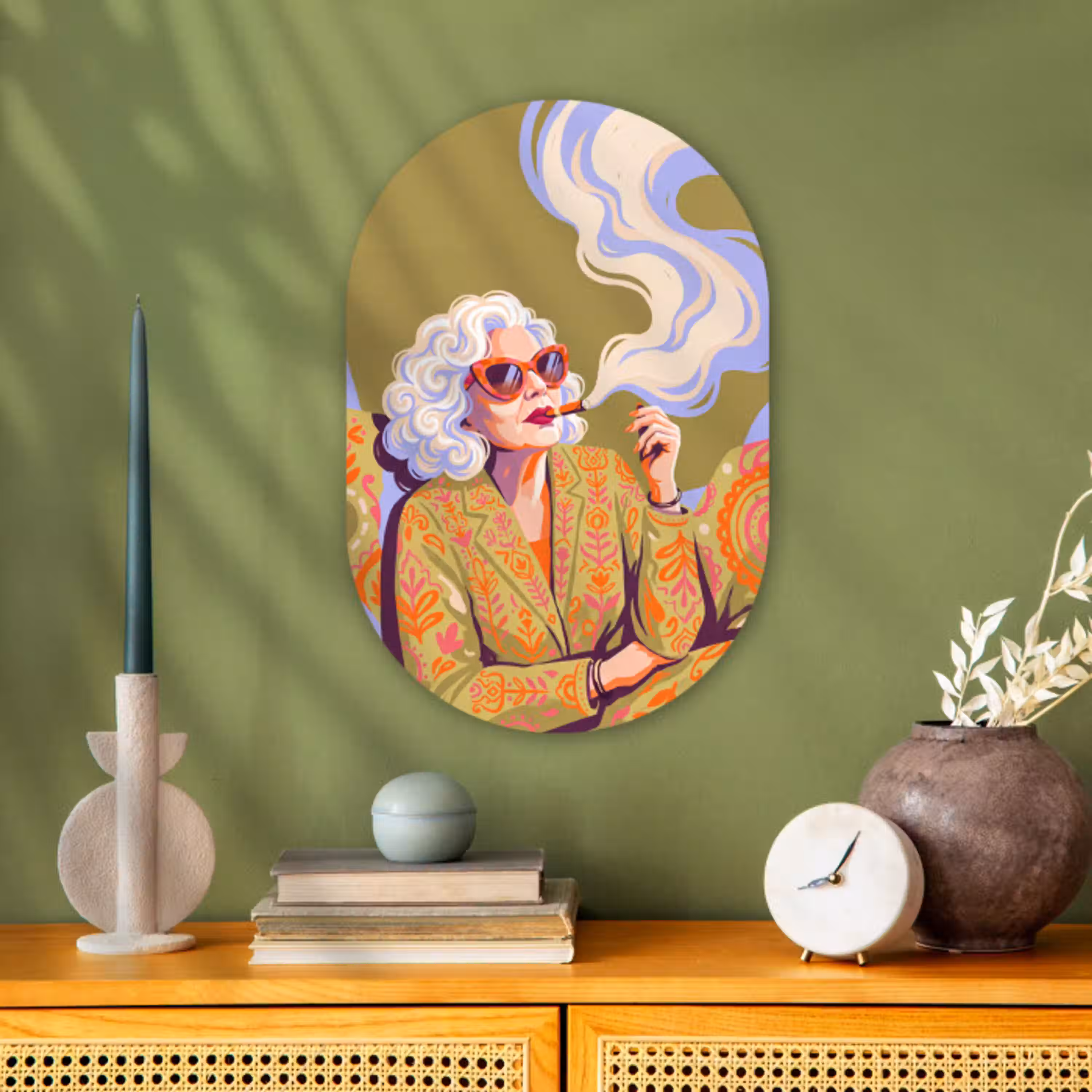 Vrouw - Zonnebril - Portret - Modern - Kleurrijk Wandcirkel Ovaal Forex klein -sfeer2