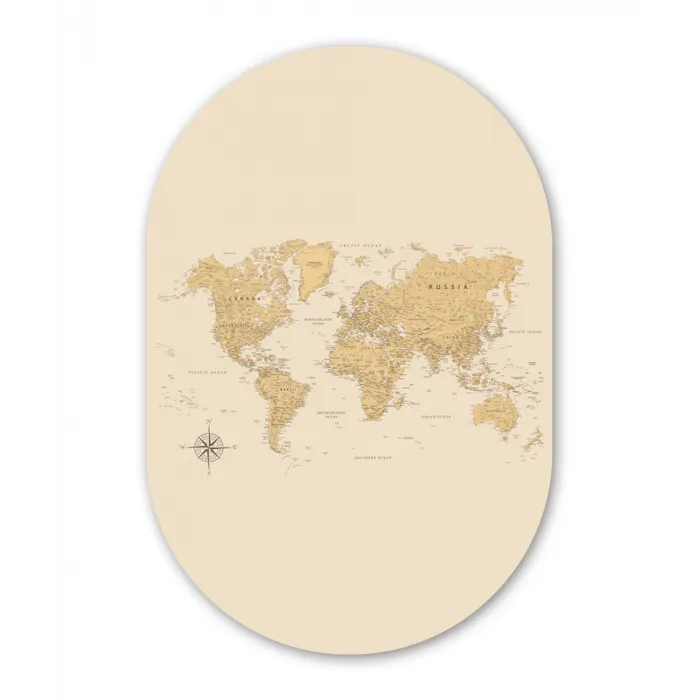 Wereldkaart - Realistisch - Beige Wandcirkel Ovaal Glas middel -3d