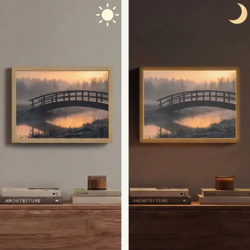 Brug - Mist - Bomen - Water Light Box met batterij (Wandlamp) middel -sfeer3