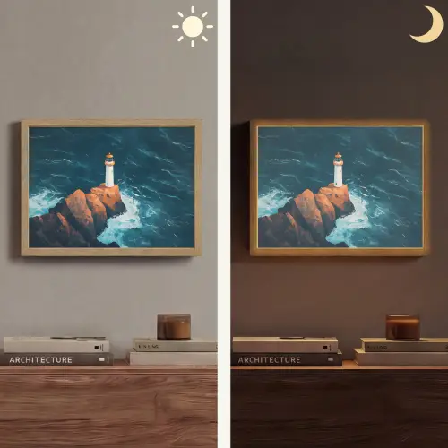 Vuurtoren - Rots - Zee - Golven Light Box met batterij (Wandlamp) middel -sfeer3