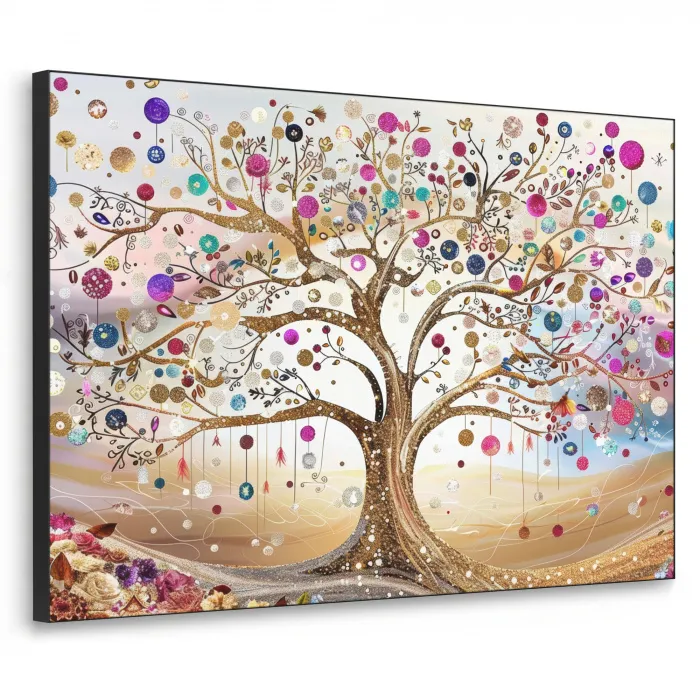 Levensboom - Goud - Kleurrijk - Abstract - Aesthetic Textielframe - compleet frame klein -3d