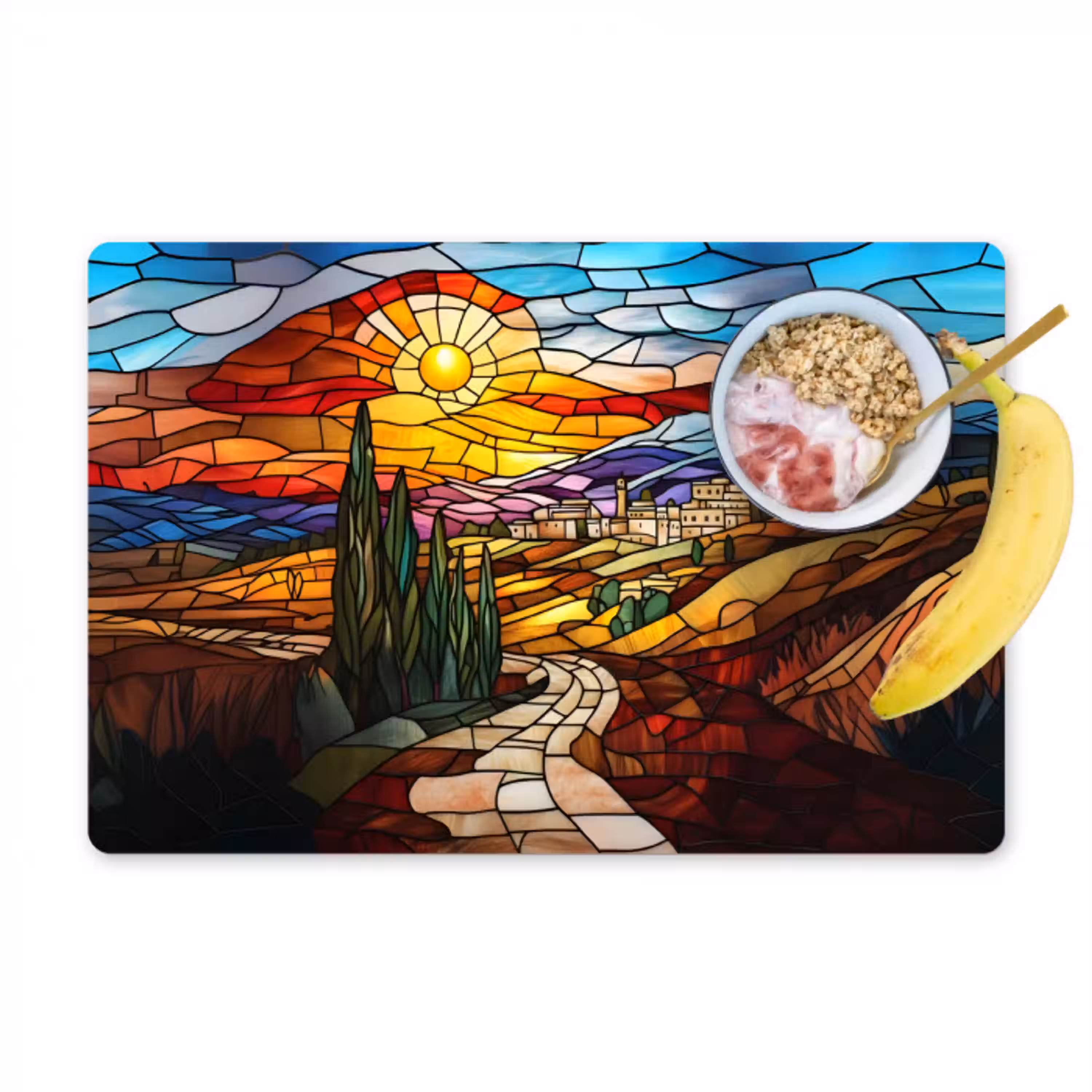 Mozaïek - Zon - Landschap - Dorp Placemat vinyl groot -zzzproduct_Kitchenyeah-website