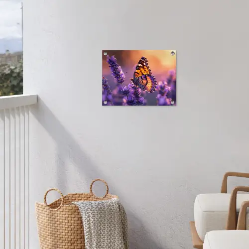 Vlinder op lavendel bij zonsondergang tuinposter los doek klein -sfeer8