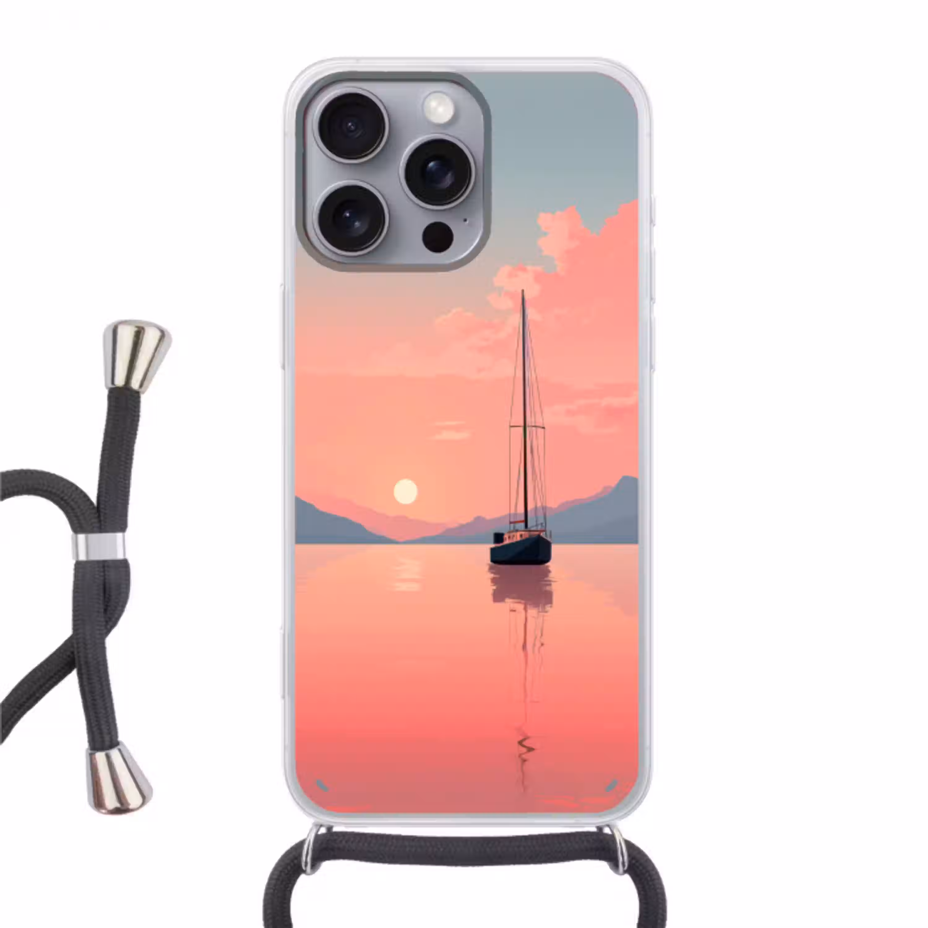 Zeilboot - Roze zee - Zonsondergang - Bergen Hoesje iPhone 16 Pro Max met koord klein -3d