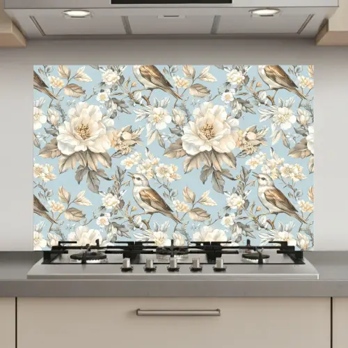 Botanisch - Zangvogel - Blauw keuken achterwand spatscherm klein 900 -3d_website