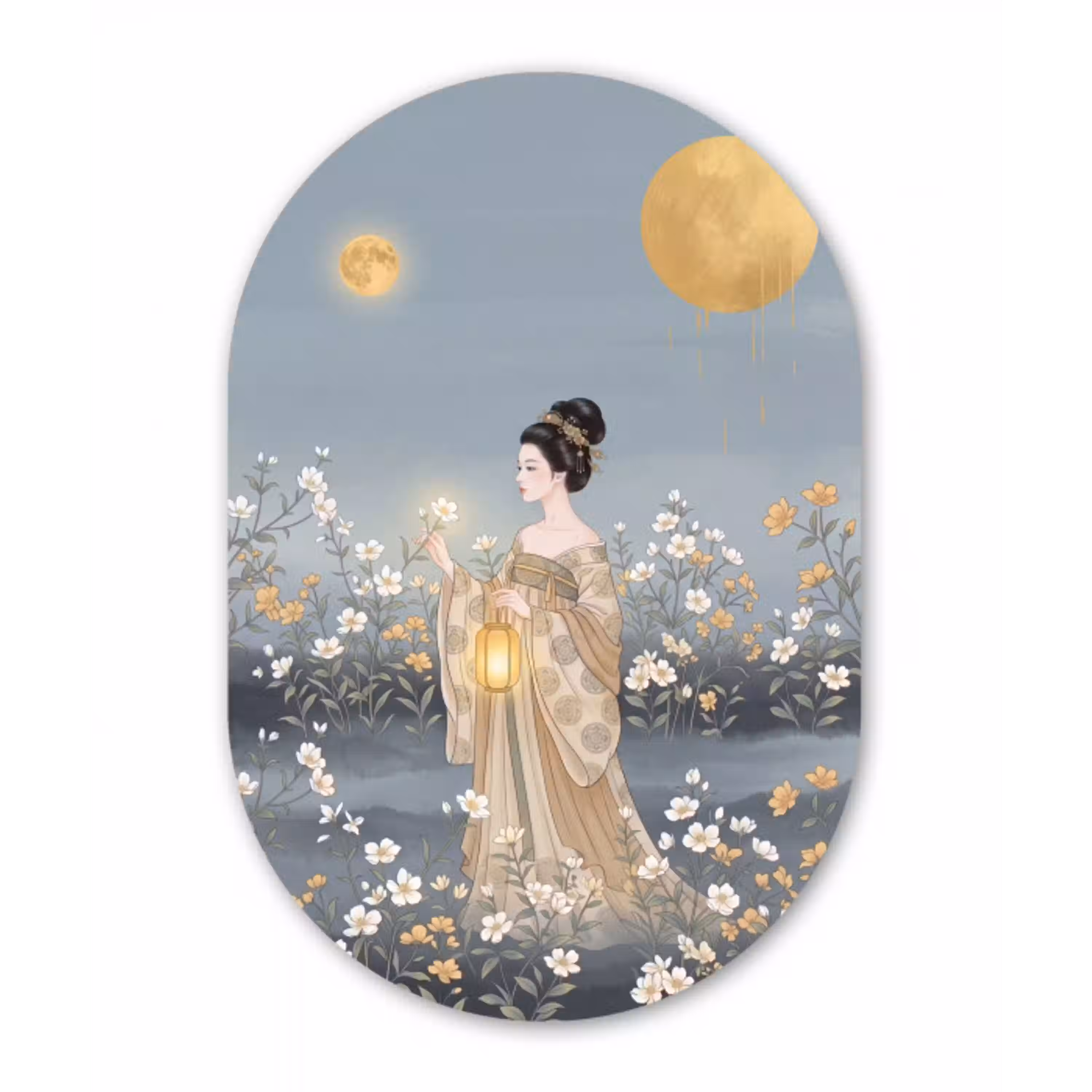 Aziatisch - Vrouw - Kimono Wandcirkel Ovaal Aluminium middel -3d