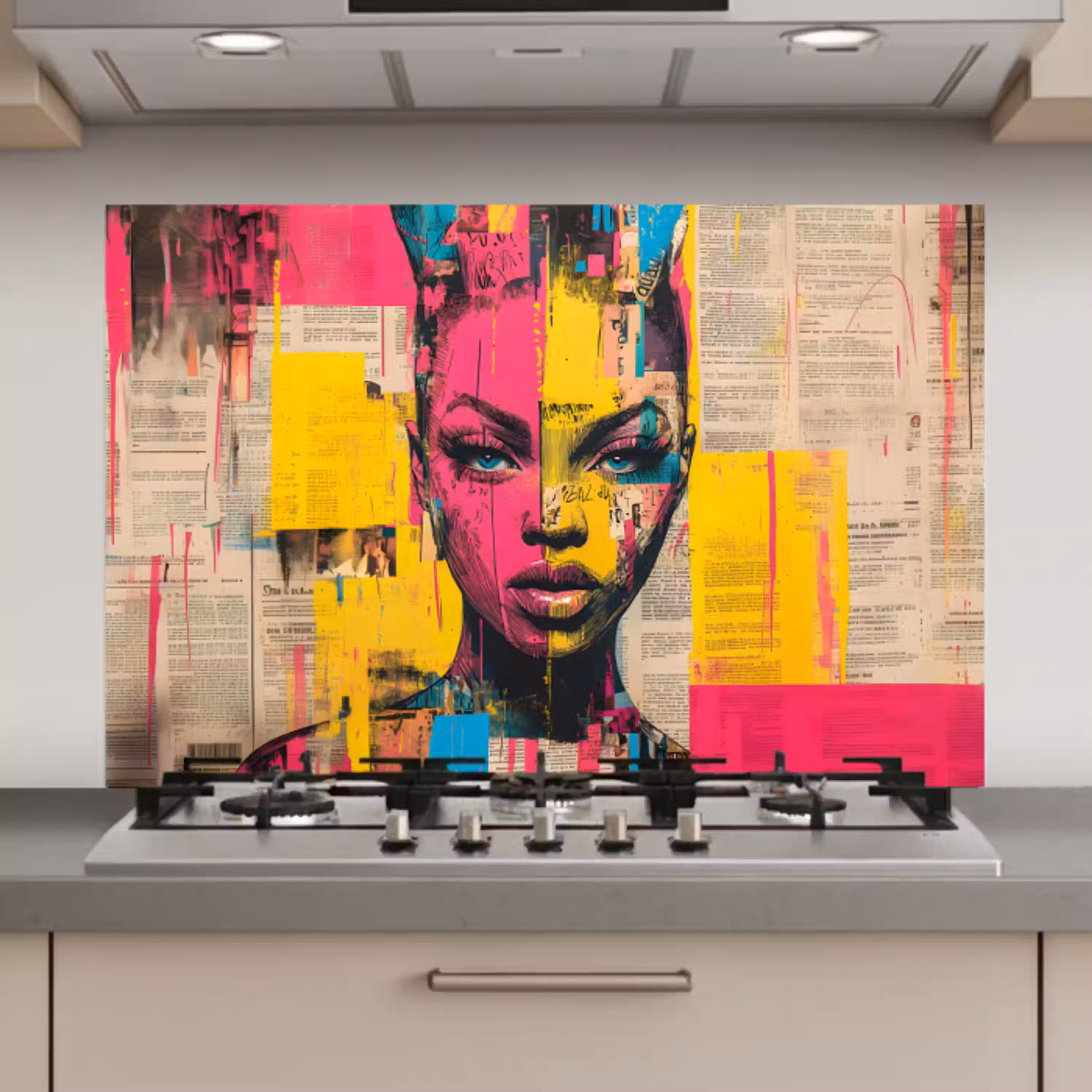 Vrouwengezicht - Krantenpapier - Abstract - Roze keuken achterwand spatscherm klein -3d_website