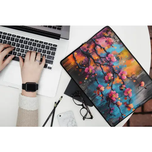 Bloemen - Tak - Abstract - Roze laptophoes neopreen klein -bureau