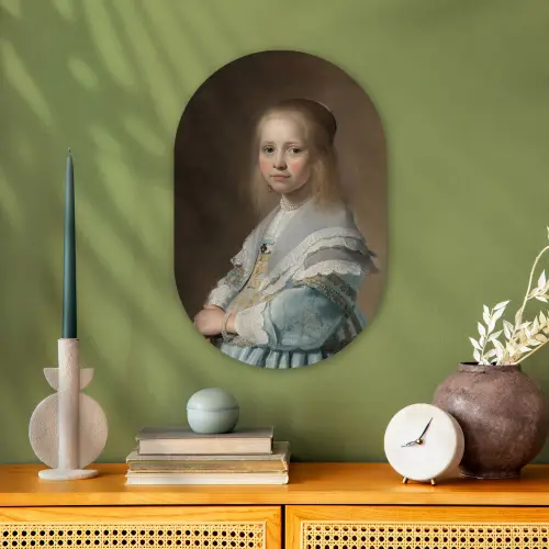 Portret van een meisje in het blauw - Schilderij van Johannes Cornelisz. Verspronck Wandcirkel Ovaal Forex klein -sfeer2