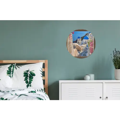 Doorkijk - Santorini - Landschap - Blauw - Grieks Wandcirkel aluminium klein -slaapkamer