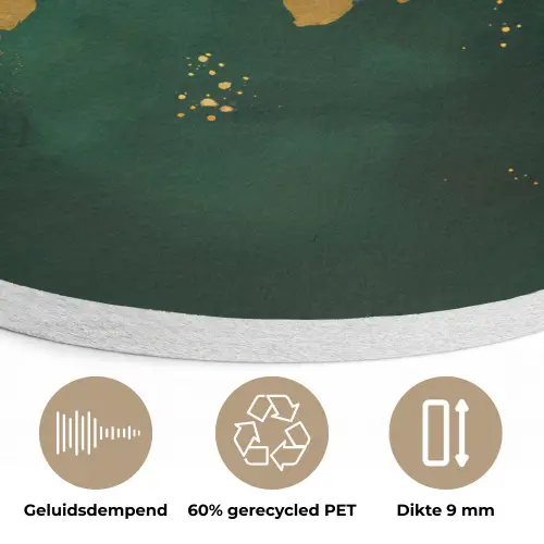 Wereldkaart - Groen - Goud Akoestische PET Vilt - Rond klein -closeup_NL