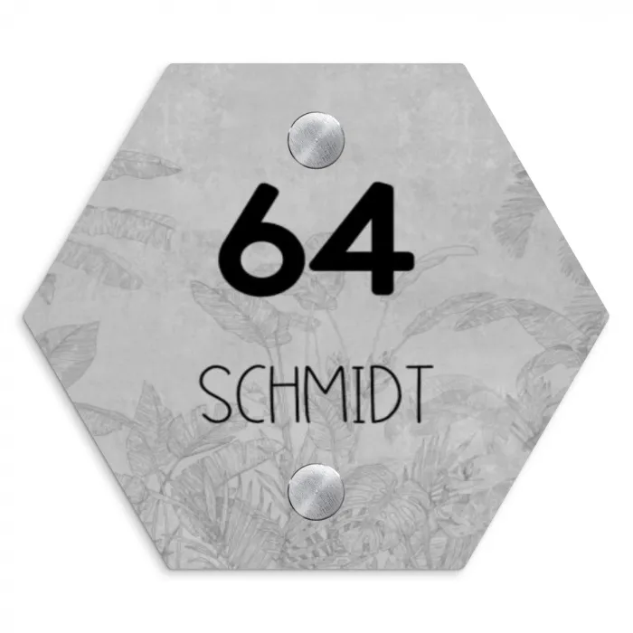 Grijs botanisch patroon - Modern Naambord Hexagon klein -3d