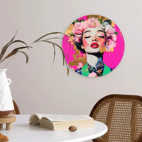 Bloemenkroon - Goud - Vrouw - Portret Wandcirkel kunststof plaat 5mm dik klein -sfeer4