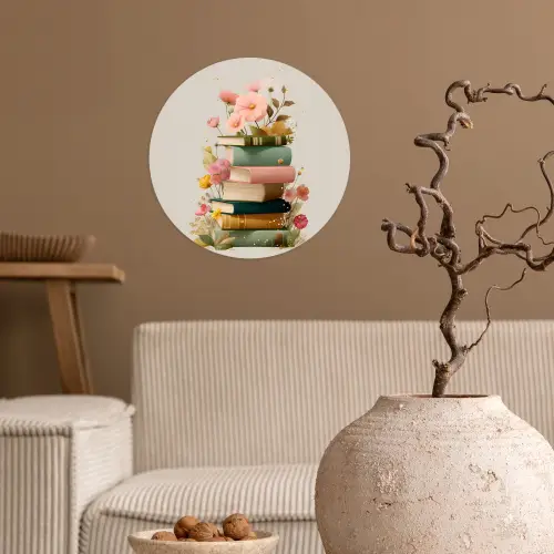 Boeken - Stapel - Bloemen - Kleurrijk Wandcirkel behangsticker klein -sfeer1