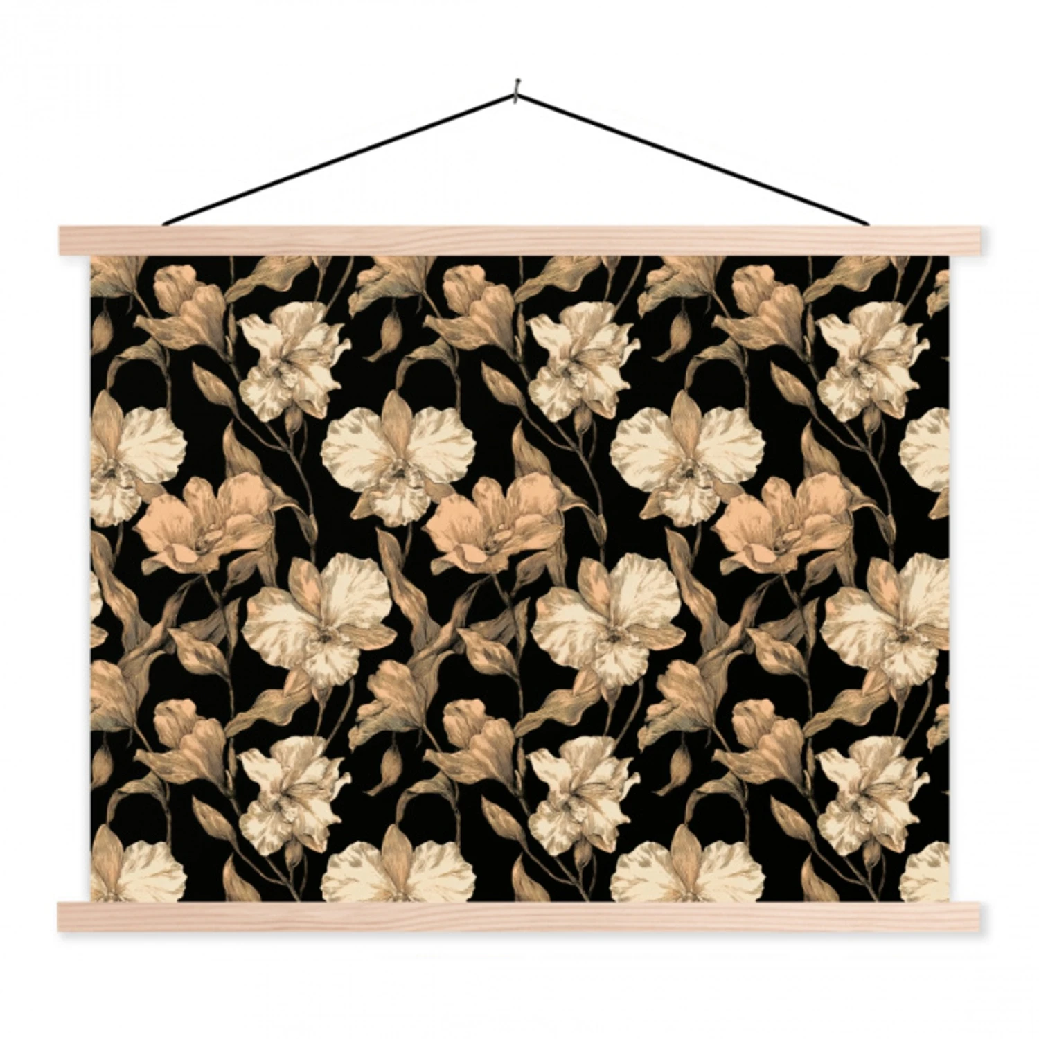 Orchideeën - Lijntekening - Patroon - Beige - Zwart textielposter latten blank klein 122 -3d