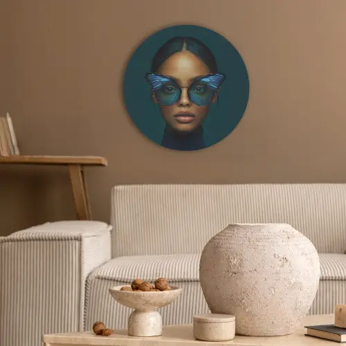 Vrouw - Vlinder - Bril - Blauw - Modern - Portret Akoestische PET Vilt - Rond klein -sfeer1