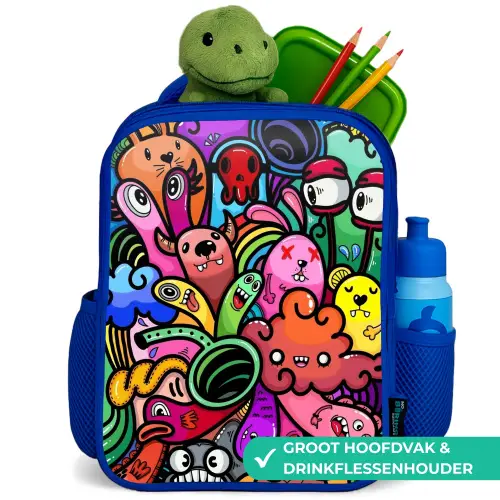 Vrolijke Monsterchaos Kinderrugzak - Blauw middel -inhoud_NL