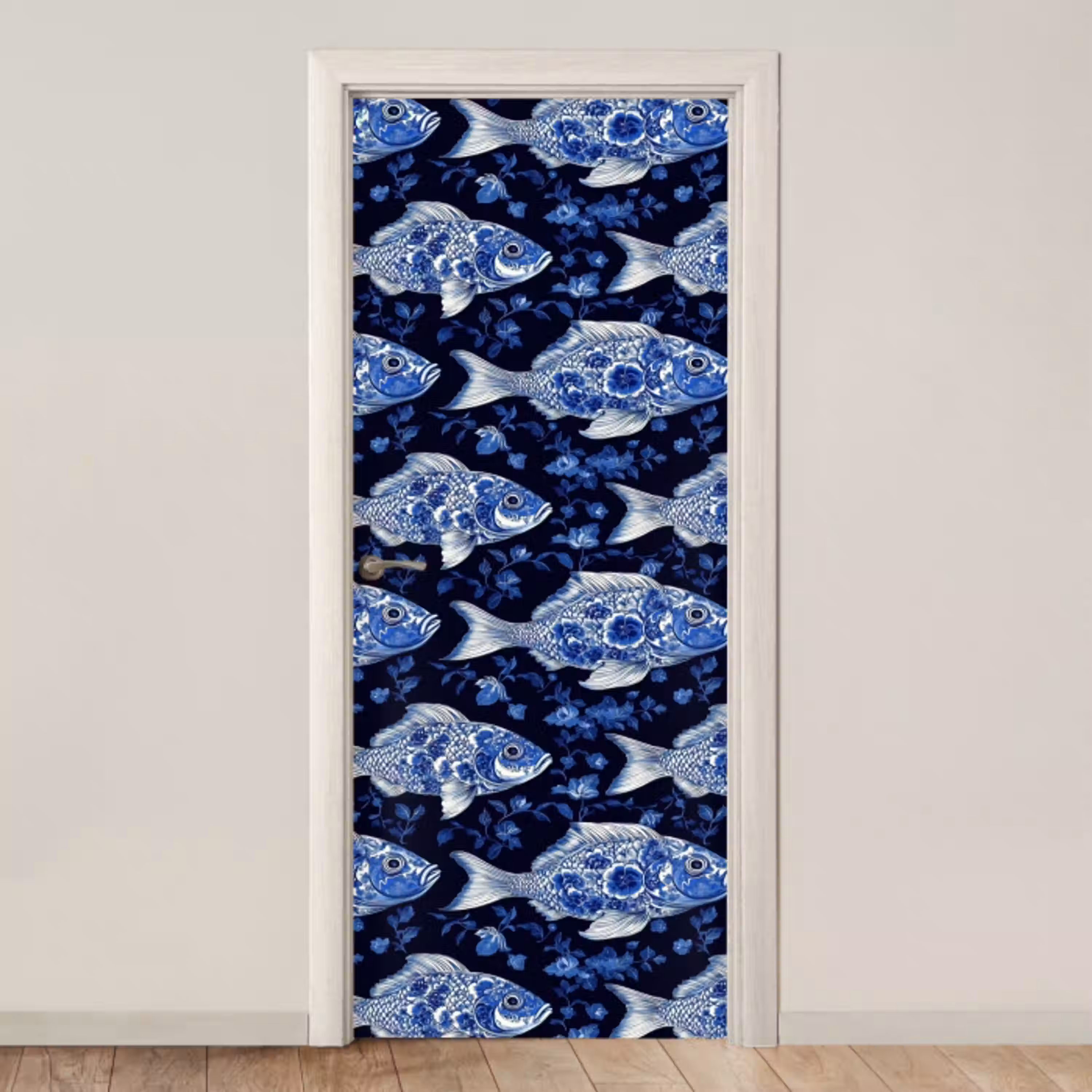 Vissen - Bloemen - Blauw deurposter klein 289 -3d_beige