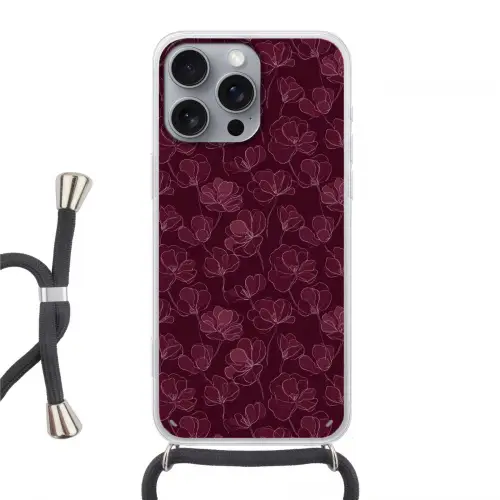 Bloemen - Patroon - Bordeauxrood Hoesje iPhone 16 Pro Max met koord klein 804 -3d