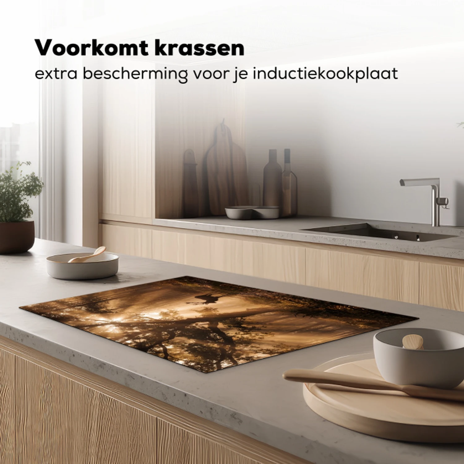 Hert - Bos - Mistig - Natuur - Goud Inductie beschermer vinyl 3mm klein -sfeer1