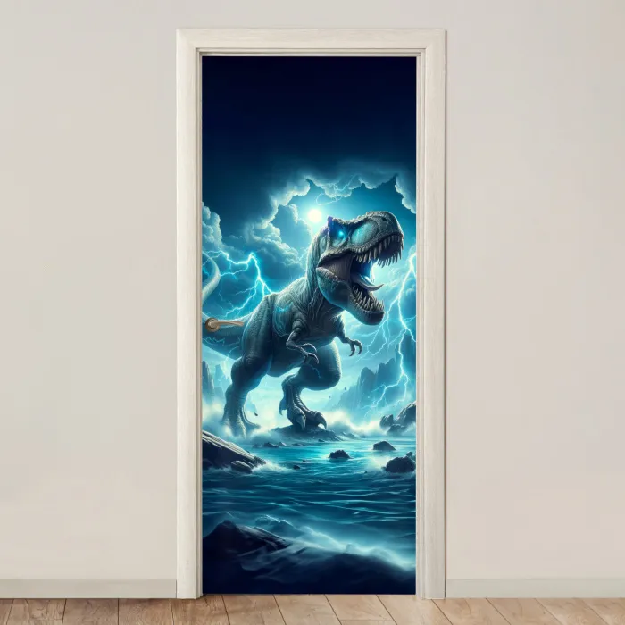 Dino - Blauw - Jongens deurposter klein -3d_beige