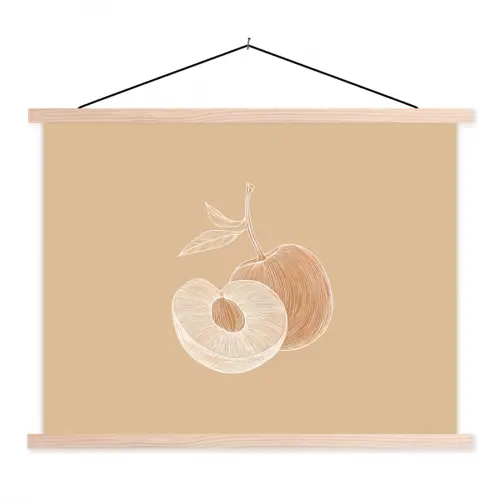 Perzik - Lijntekening - Pit - Beige textielposter latten blank klein -3d