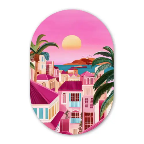 Stad - Roze - Palmbomen Wandcirkel Ovaal Forex klein -3d