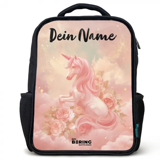 Eenhoorn - Wolken - Roze Rugzak - Zwart middel -3d