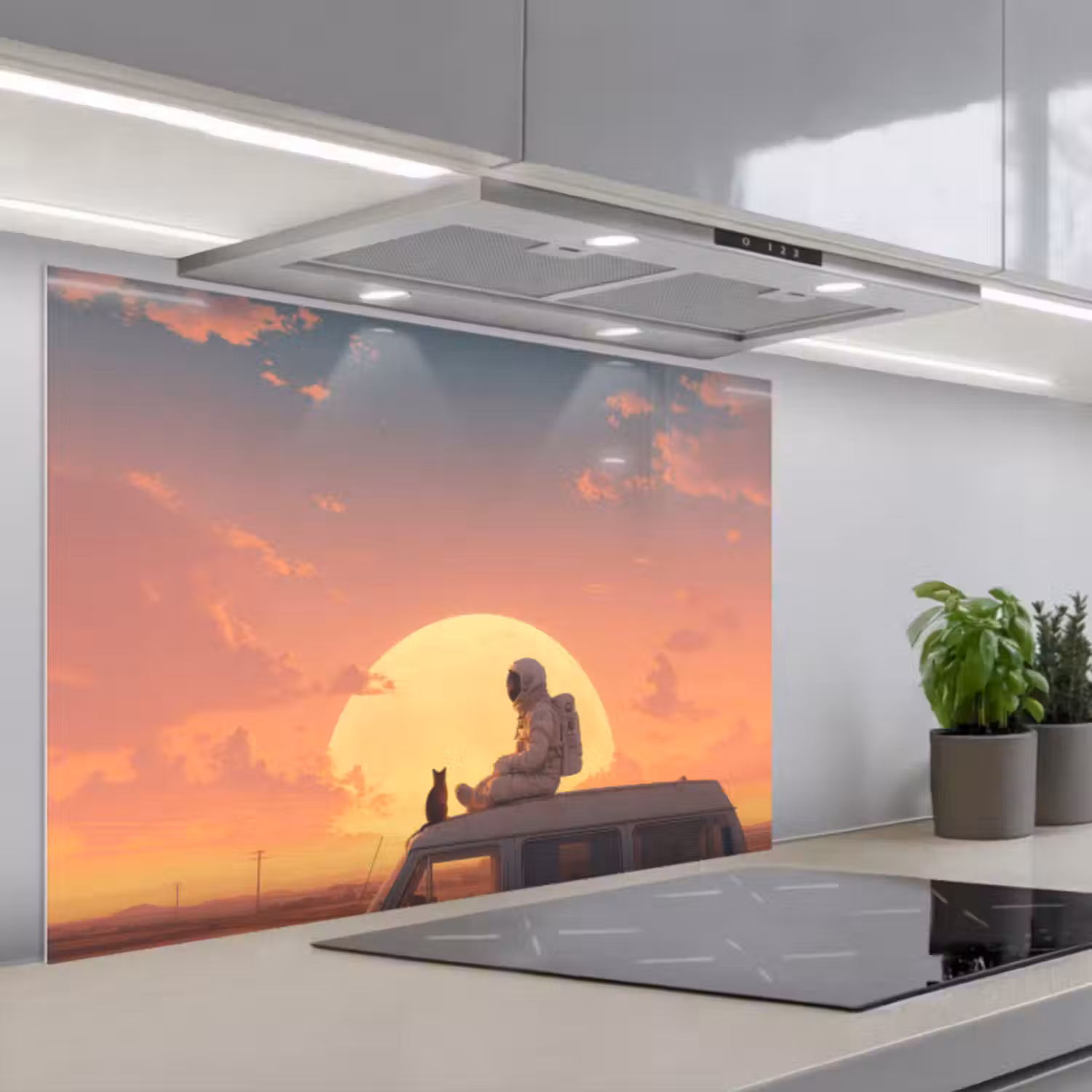 Spatscherm keuken - Busje - Kat - Zonsondergang - Oranje