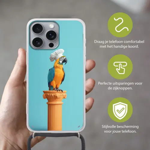 Papegaai - Koksmuts - Grappig - Vogel Hoesje iPhone 16 Pro Max met koord klein -sfeer2_NL