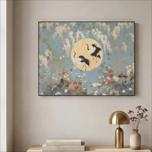 Kraanvogels - Maan - Bloemen - Blauw Textielframe zwart klein -sfeer2