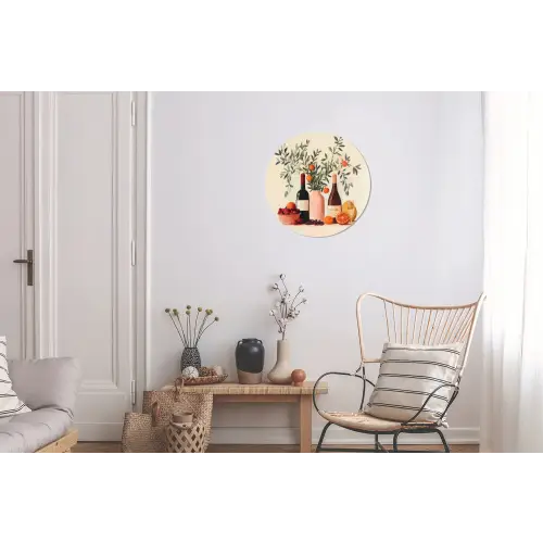 Wijnflessen - Takken - Sinaasappels Wandcirkel aluminium klein -woonkamer