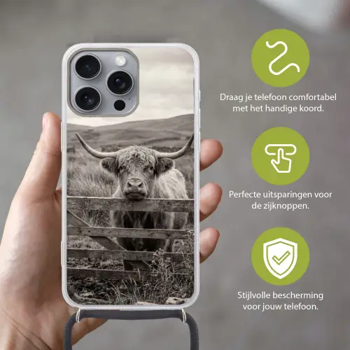 Schotse hooglander - Zwart - Wit - Hout Hoesje iPhone 16 Pro Max met koord klein -sfeer2_NL