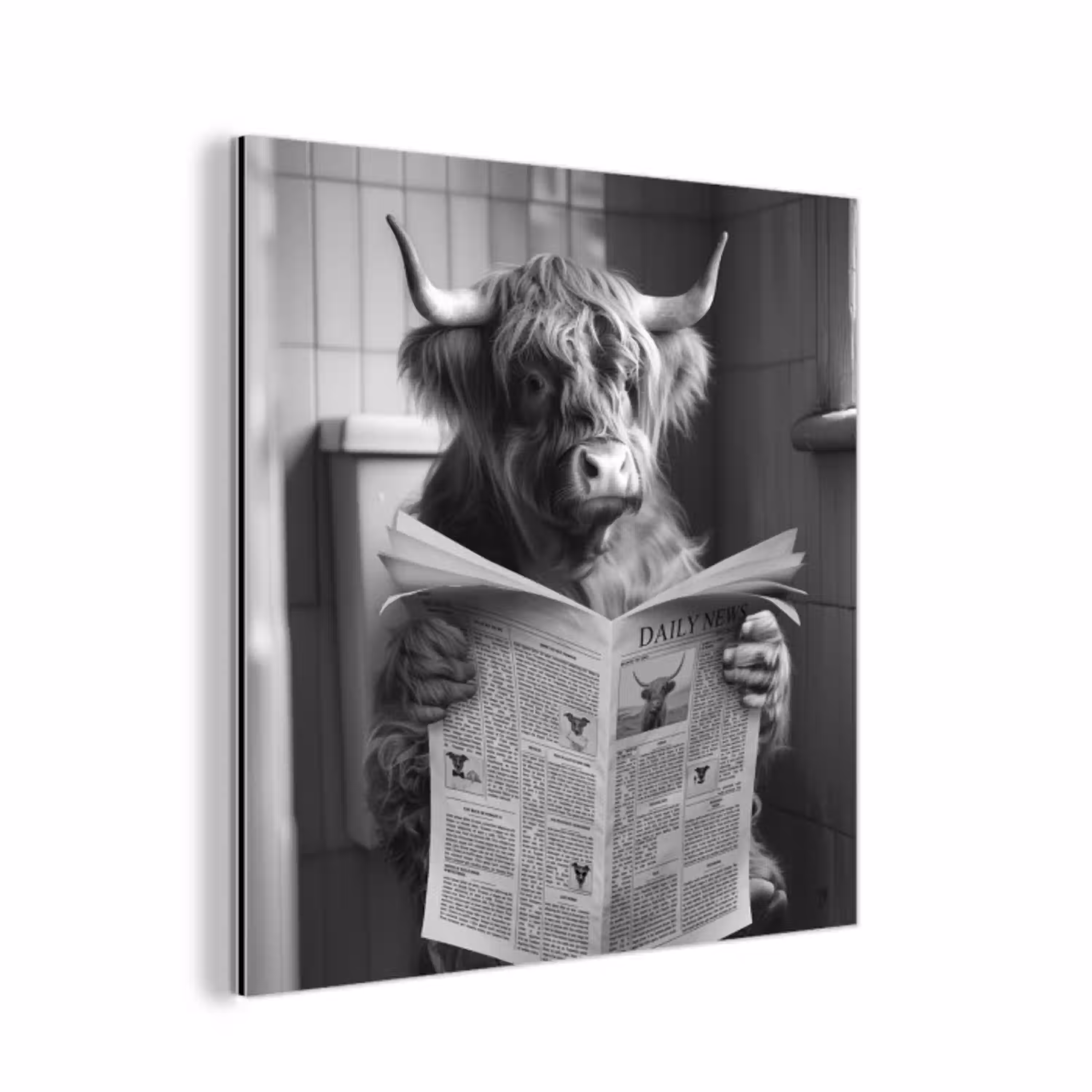 Schotse hooglander - Koe - Krant - WC - Zwart wit aluminium wit klein -3d