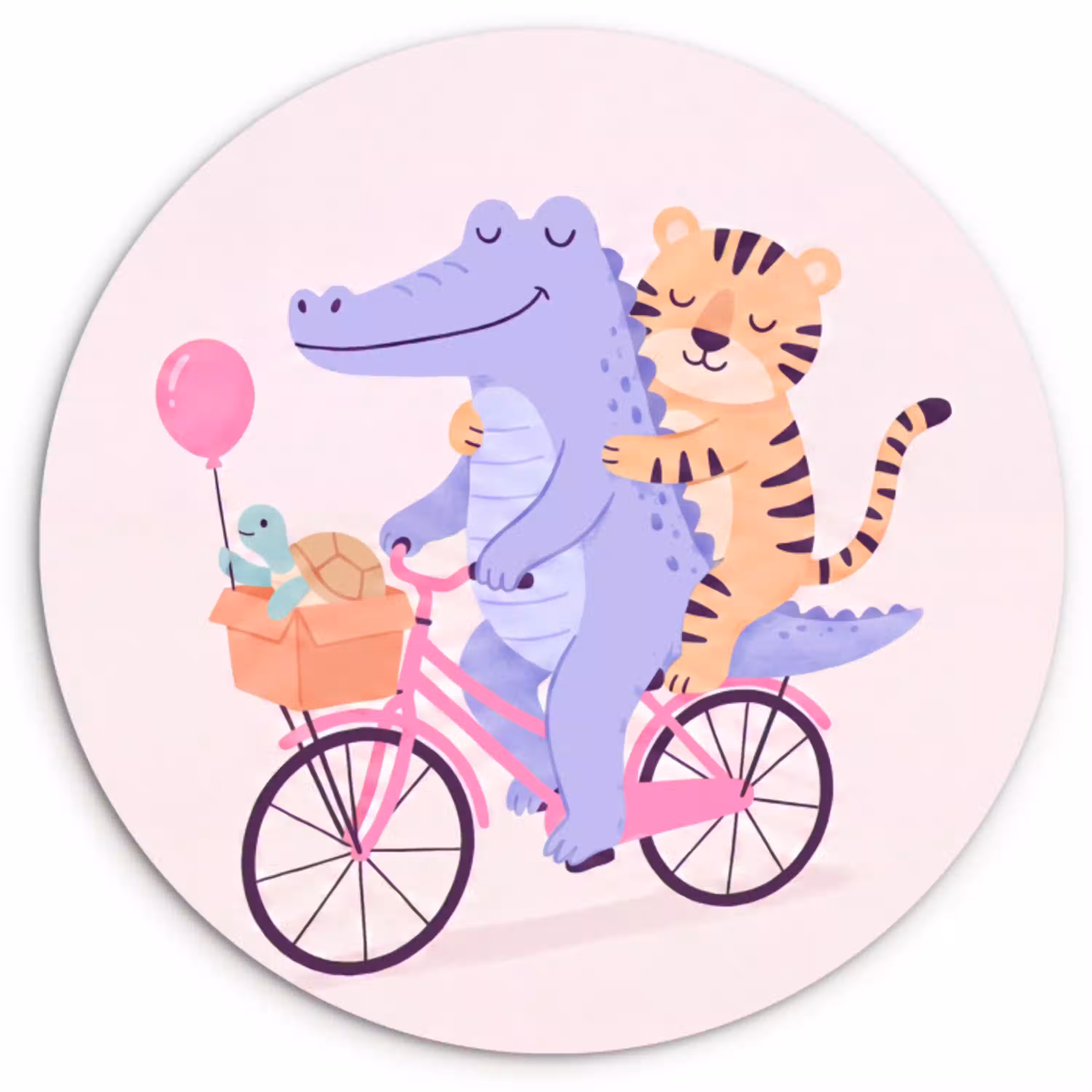Dieren - Fiets - Vriendschap - Illustratie - Roze Wandcirkel kunststof plaat 5mm dik klein -3d