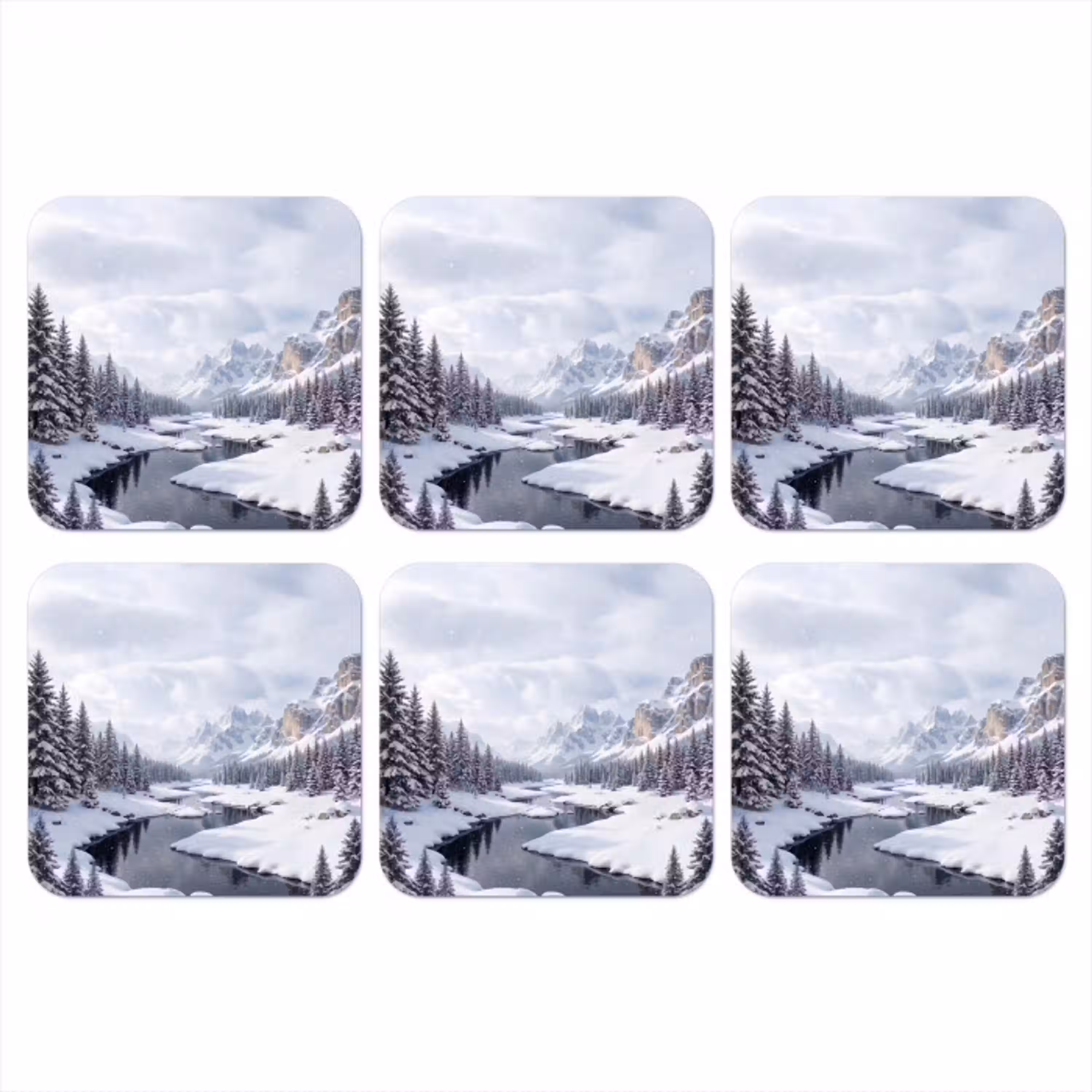 Sneeuwlandschap - Bergen - Rivier - Winter onderzetter kurk middel -3d