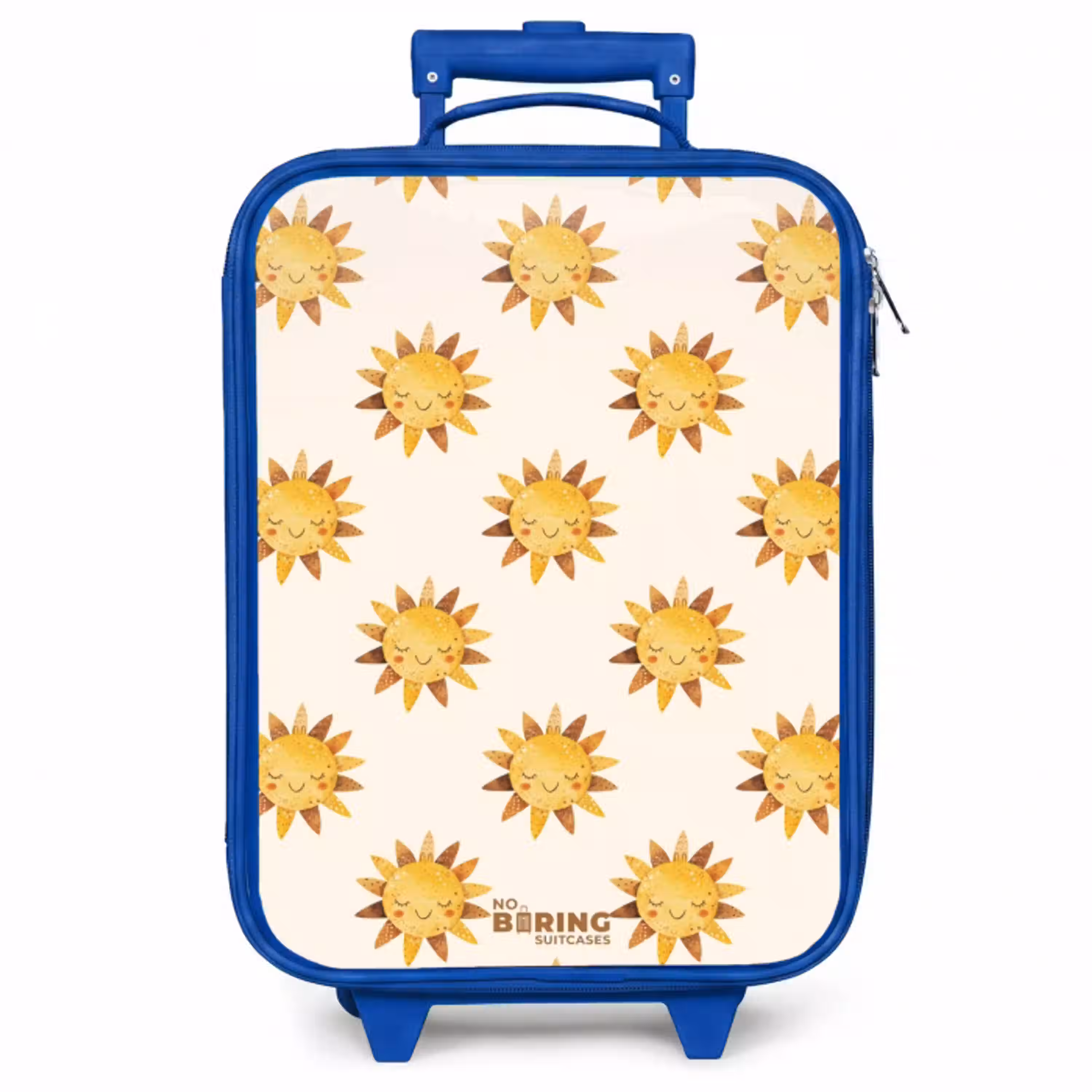 Lachende zonnetjes als patroon op beige achtergrond Kinderkoffer - Blauw klein -zzz_website3d