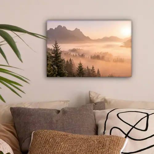 Zonlicht - Mist - Bergen - Bomen canvas 2cm klein -sfeer1