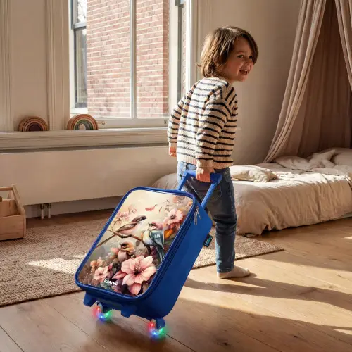 Vogels met roze bloemen Kinderkoffer - Blauw klein -sfeer1