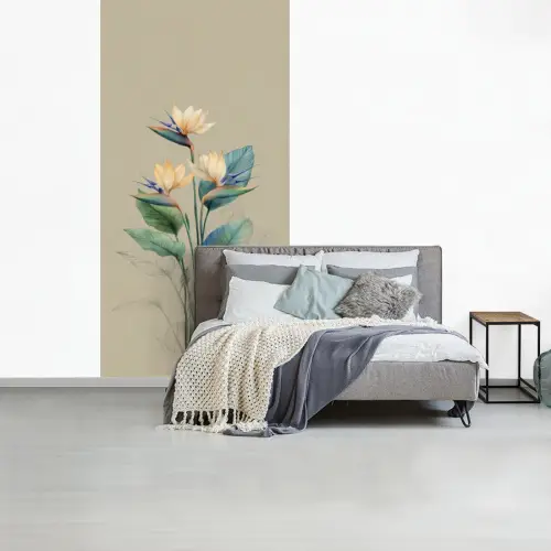Paradijsvogelbloemen - Blauwgroene bladeren - Beige fotobehang vinyl groot -slaapkamer