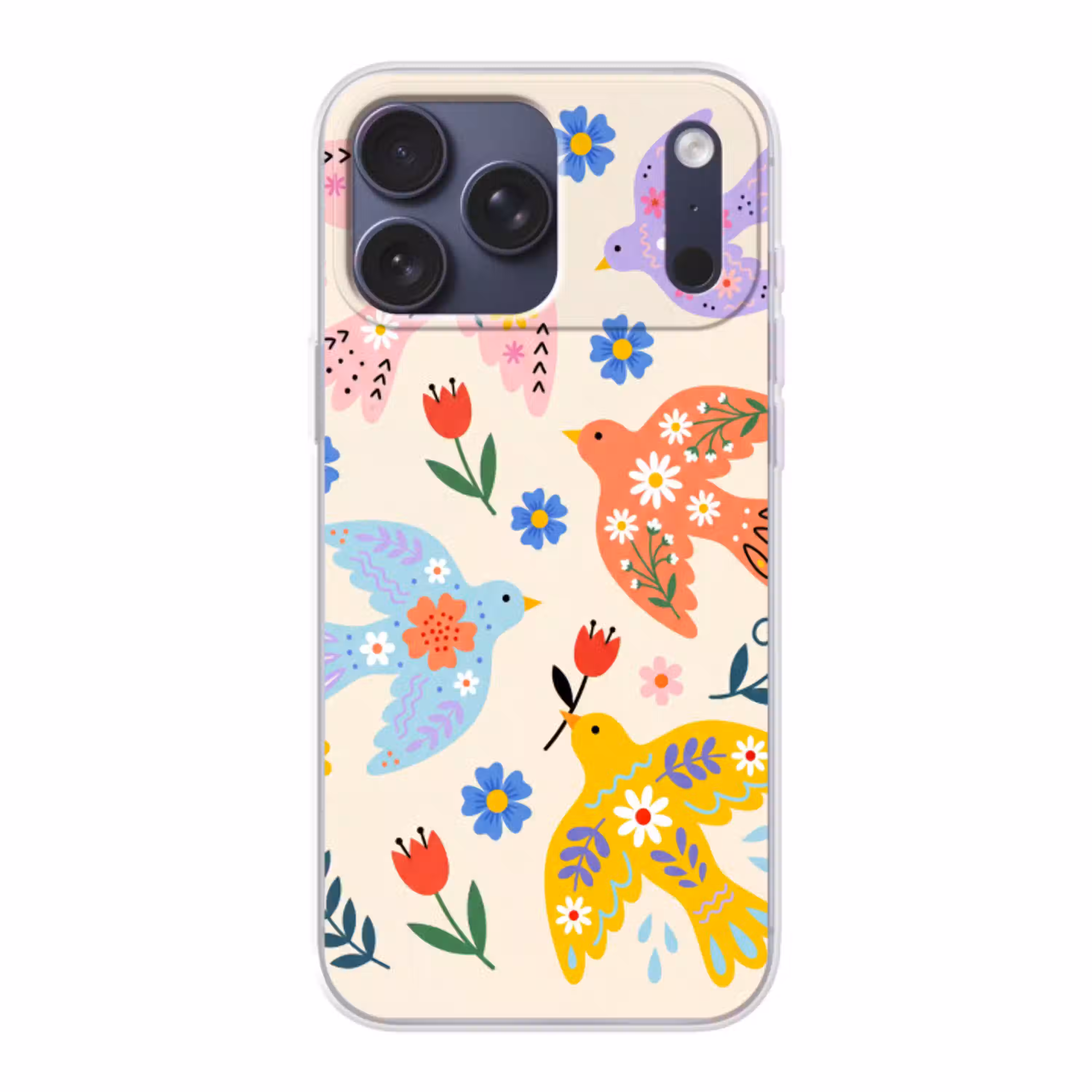 Vogel - Bloemen - Folk - Kleurrijk - Dieren Telefoonhoesje iPhone 17 Pro Max klein -3d