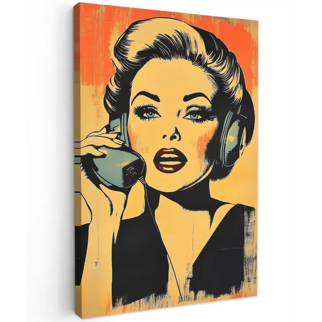 Retro - Vrouw - Koptelefoon - Oranje Tuinposter op houten frame 2 cm dik klein -3d