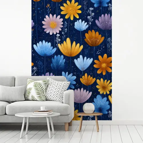 Bloemen - Patroon - Blauw - Contrast fotobehang vinyl groot -woonkamer