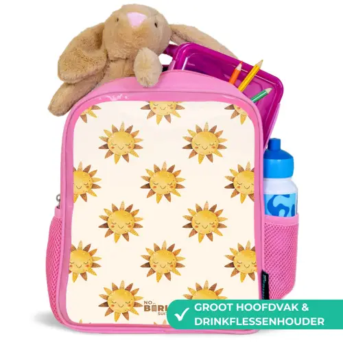 Lachende zonnetjes als patroon op beige achtergrond Kinderrugzak - Roze middel -inhoud_NL