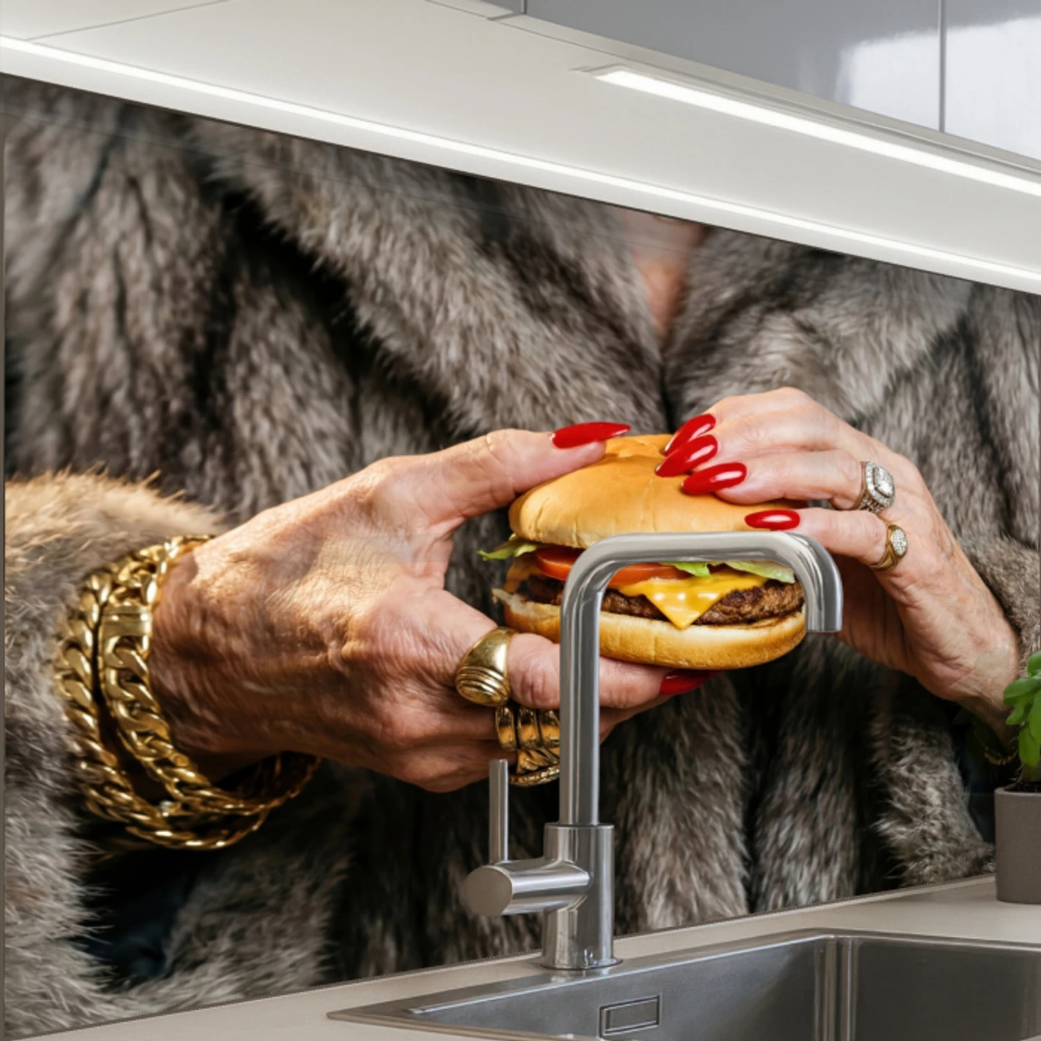 Vrouw - Hamburger - Bontjas keuken achterwand 2 middel -zzzz3d_schuin