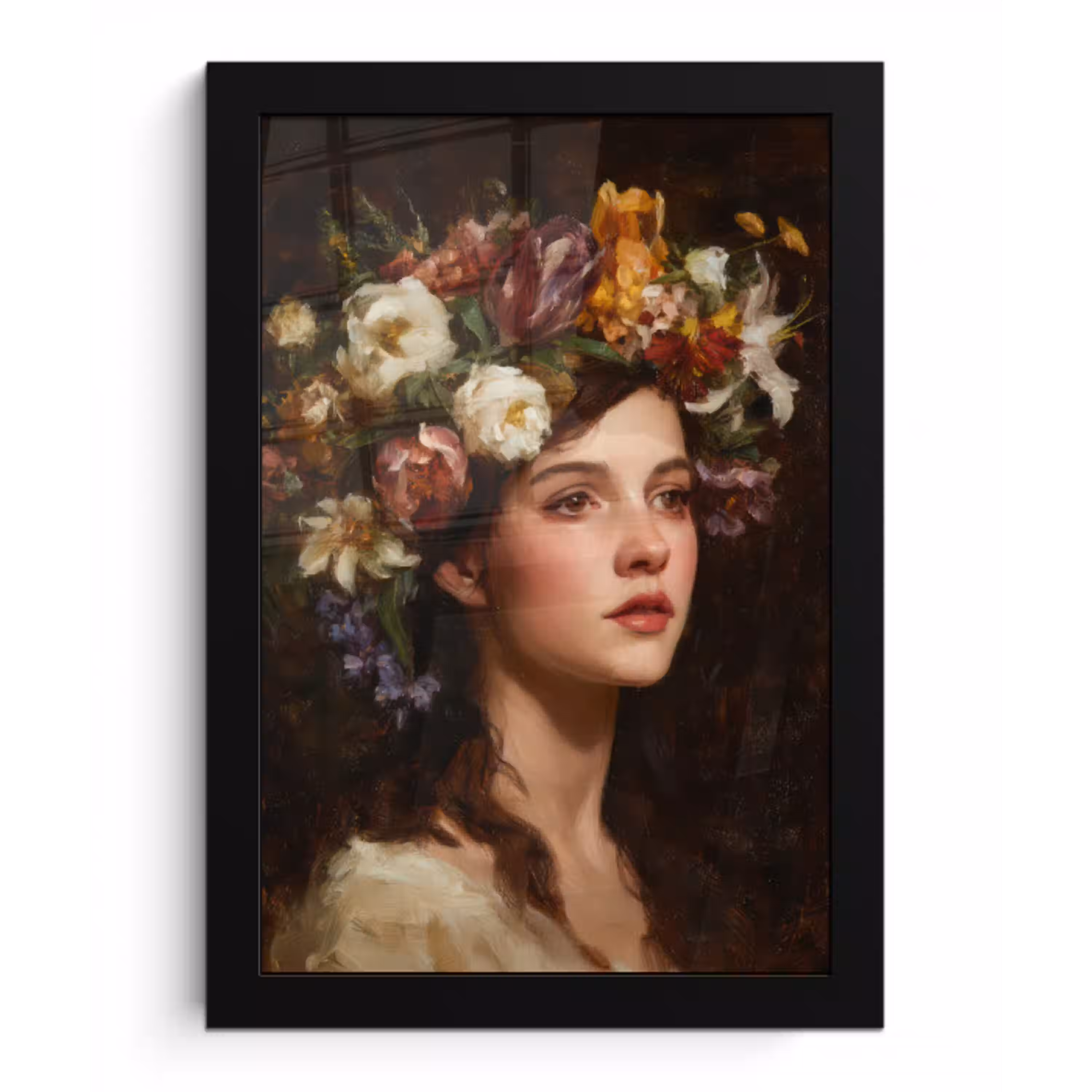 Portret - Vrouw - Bloemen fotolijst zwart zonder passe partout klein -3d